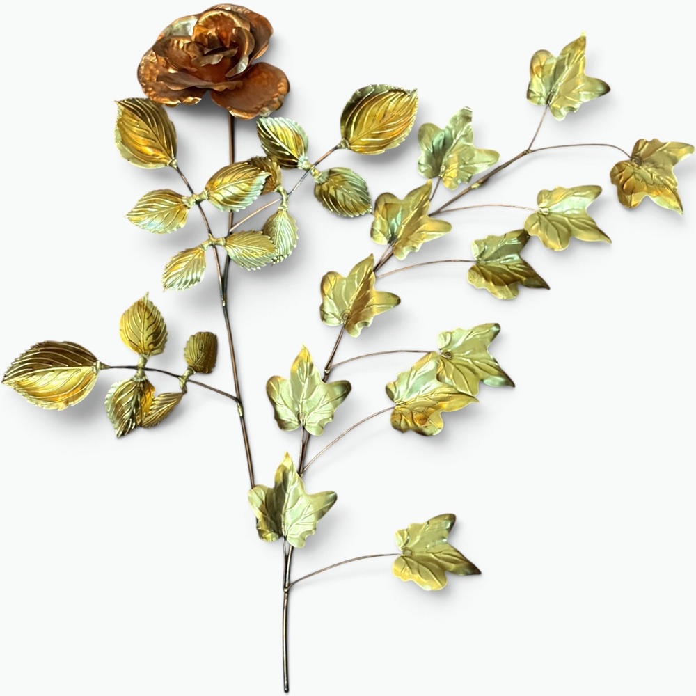 Vintage Metal Rose and Ivy Wall Art Set Gold Copper Botanical Cottagecore Decor